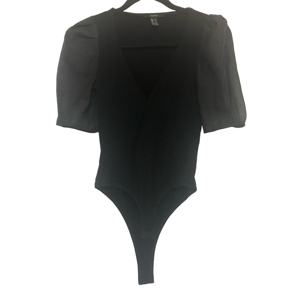 Dobby Mesh Puffy Sleeve V-neck Bodysuit
